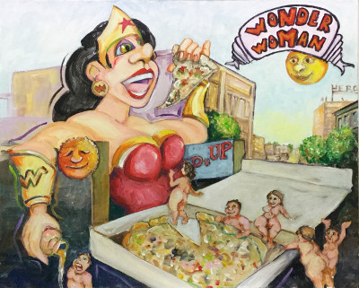 Wonder Woman stops for a slice at Rudy's Pizza, 1232 N State St, Bellingham WA